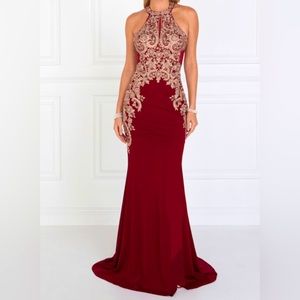Burgundy Gold Halter Elegant Mermaid Long A-Line Dress
